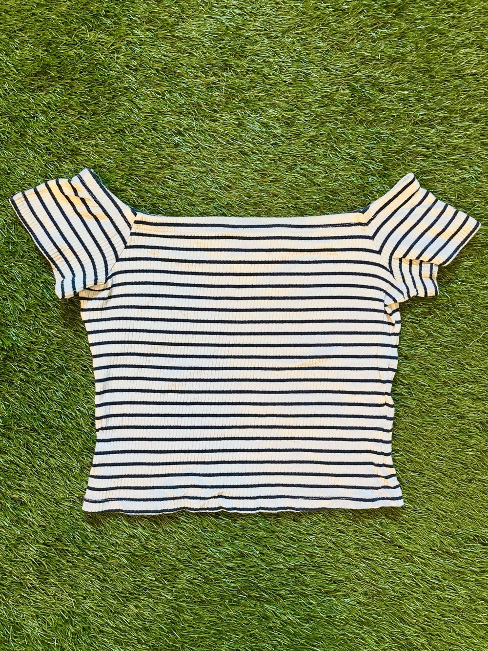 H&M Divided Navy Blue White Striped Ribbed Off Shoulder Crop Top Small